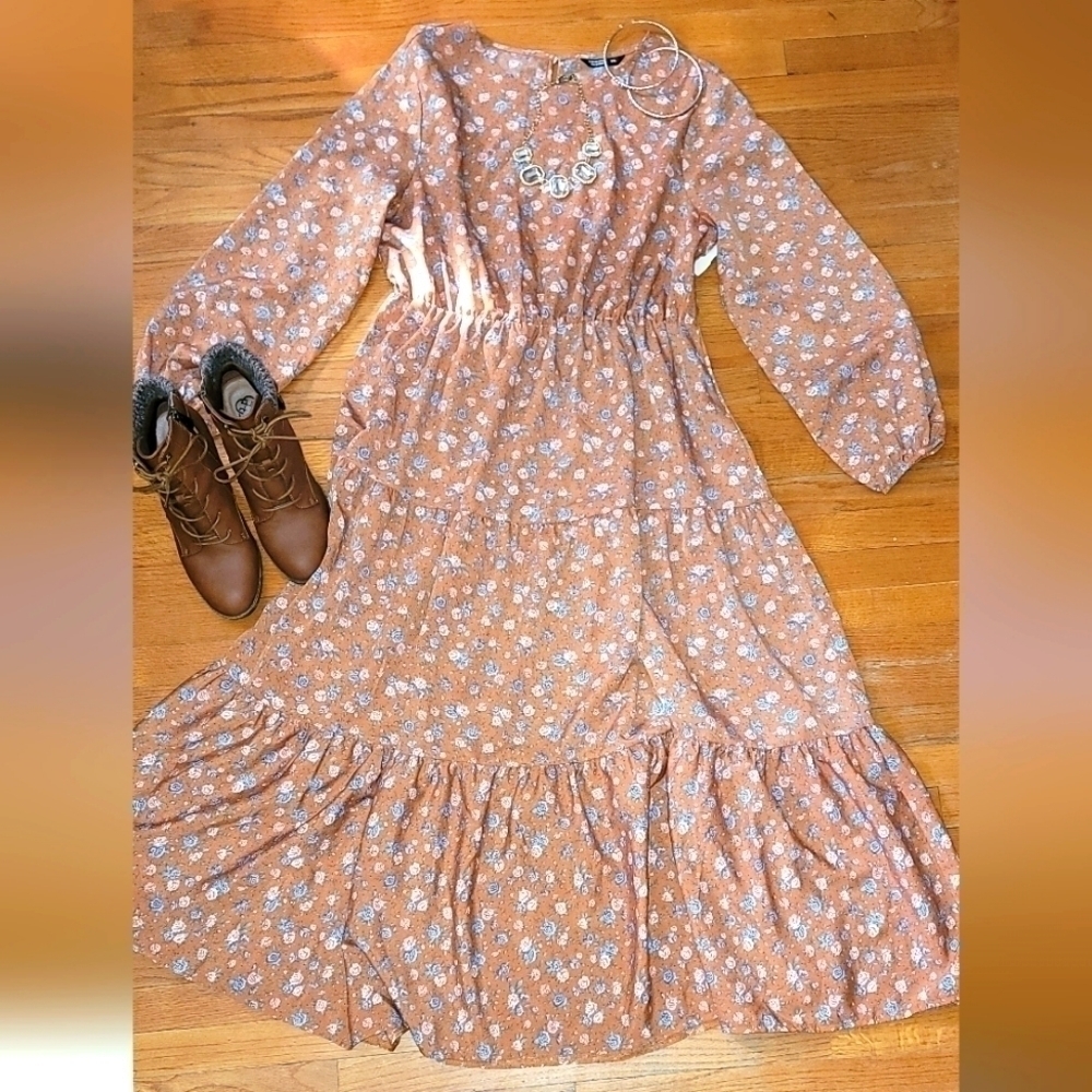 𝅺Shein Curve Floral Print Lanter Sleeve Ruffle Hem Dress
